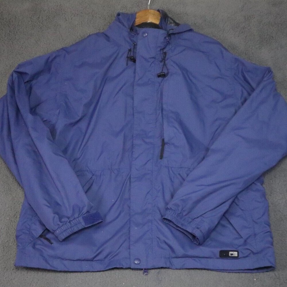 REI Windbreaker Jacket Mens 2XL Blue Hooded Full Zip Outdoor Hiking Long Sleeve